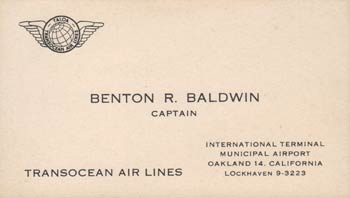 Transocean Air Lines Business Card, Ca. Late 1940s (Source: Baldwin Family)
